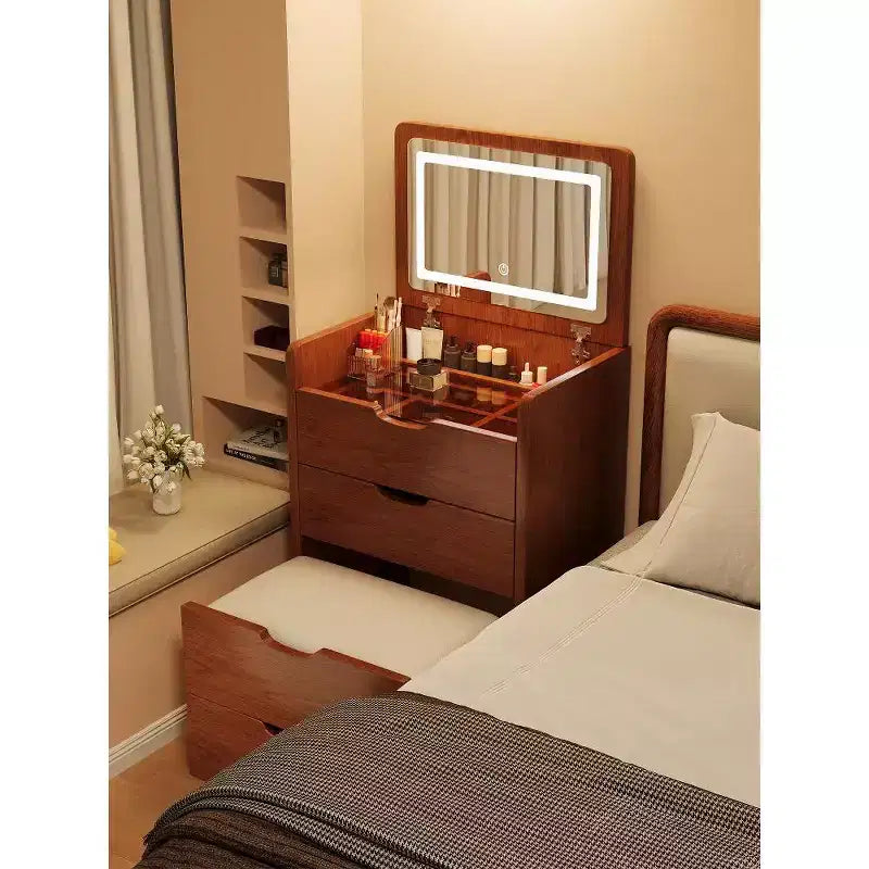 Coiffeuse 3-en-1 Okak avec miroir rabattable, coiffeuse compacte avec plateau en verre visible et tabouret rembourré, coiffeuse pour chambre à coucher