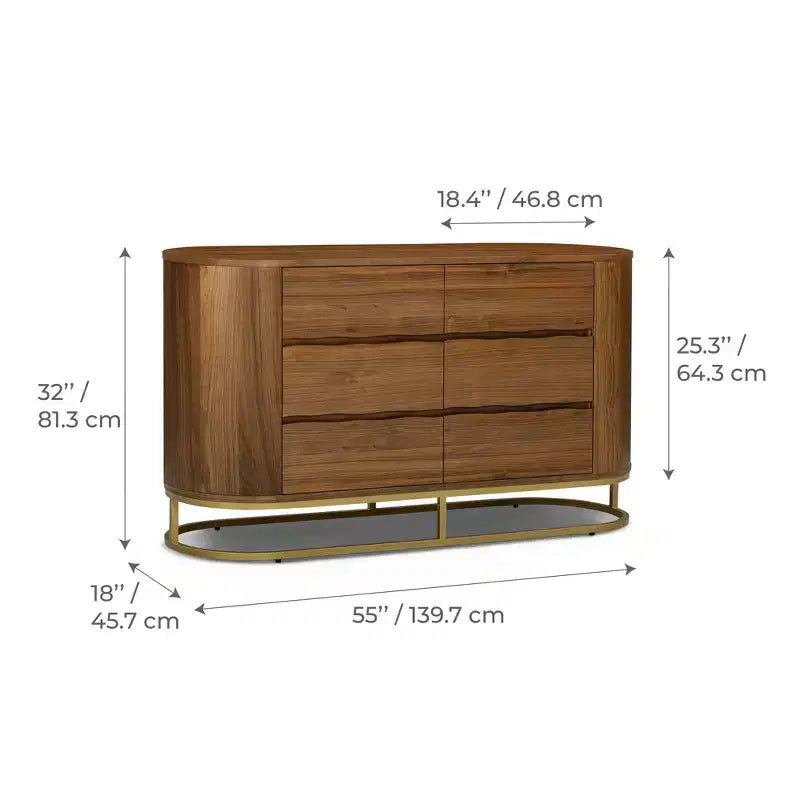 Comò moderno a 6 cassetti con design a bordo vivo, base in metallo e costruzione durevole in legno misto