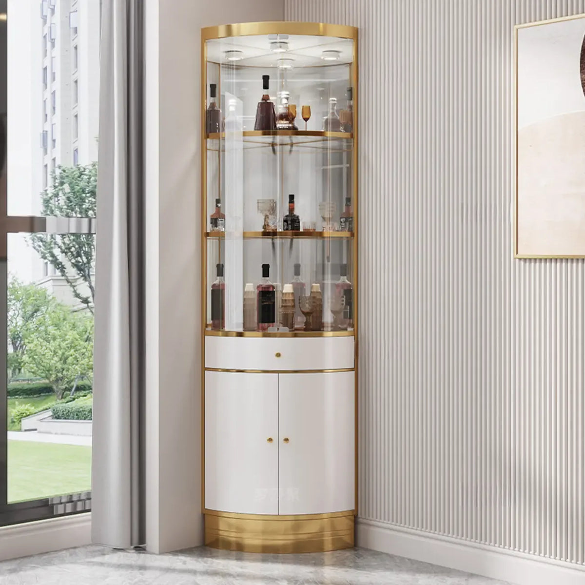 Mobile Bar Angolare con Scaffali Multipli in Vetro e Metallo per Esposizione