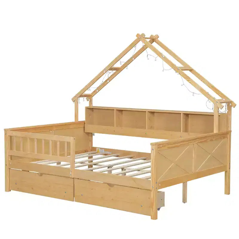 Struttura letto a casetta a grandezza naturale con cassetti, letto a piattaforma a casetta con luci LED, mensole e cassetti portaoggetti, divano letto in legno con tetto e sponda