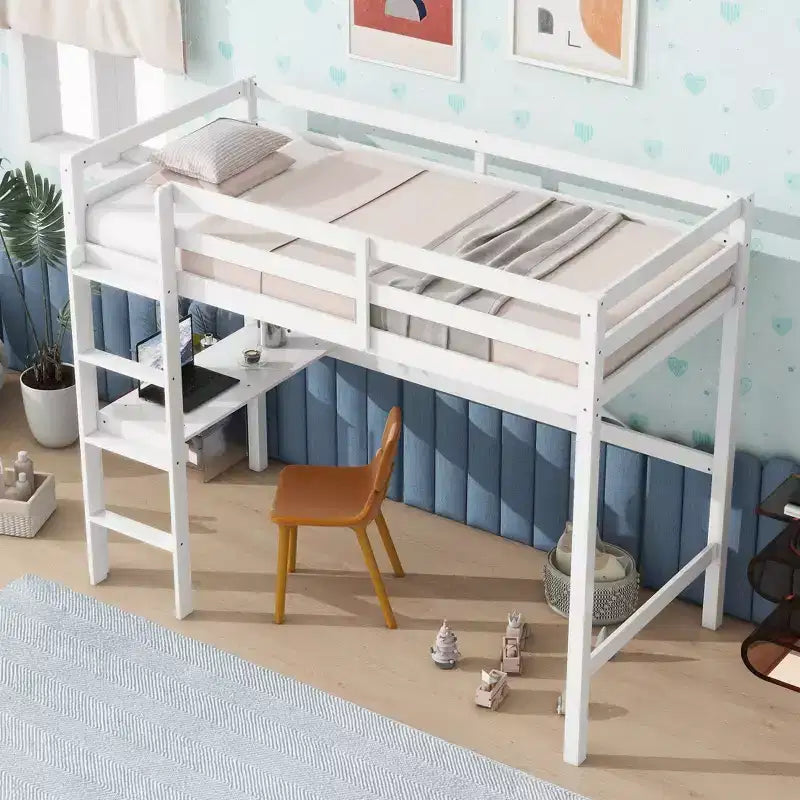 Letto a soppalco Okak Minimalism con scaletta, letto a soppalco singolo in legno di gomma con spondina di sicurezza e scrivania integrata, telai per letti per bambini, ragazzi