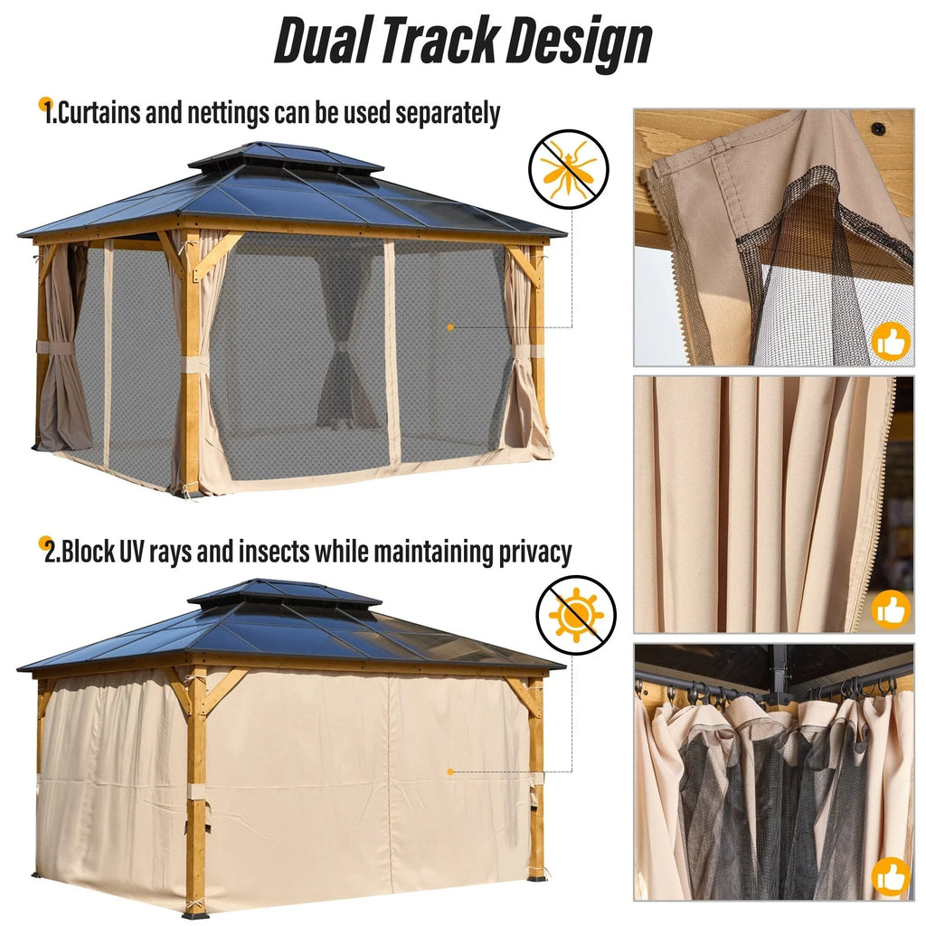 EROMMY Gazebo a tetto rigido, Pergola da esterno con doppio tetto, zanzariere e tende, Tenda da sole resistente per patio, cortile, feste in piscina