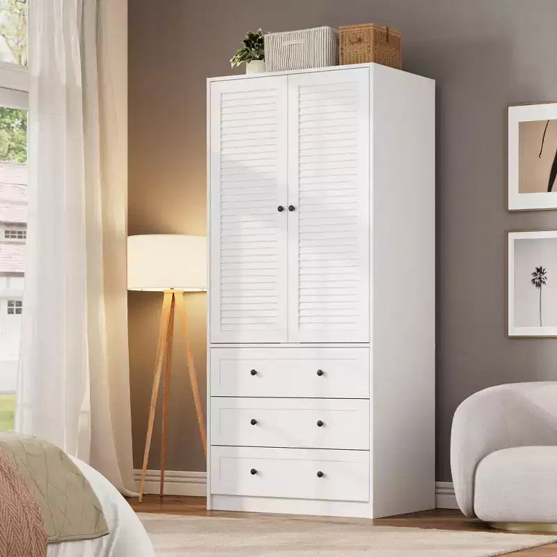 COZONY Armadio Guardaroba con 3 Cassetti e 2 Ante, Armadio Moderno in Legno per Camera da Letto, Armadio Alto Bianco Resistente