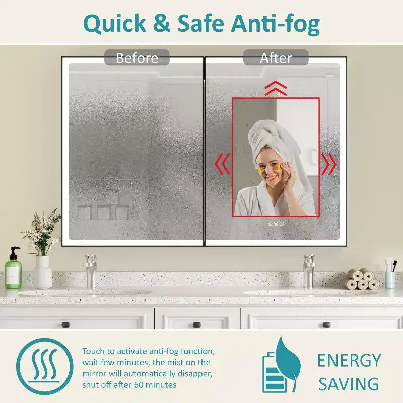 Pensile da Bagno con Specchio LED, Montaggio a Superficie o Incasso, Luce Dimmerabile, Antiappannamento, Ripiani Regolabili