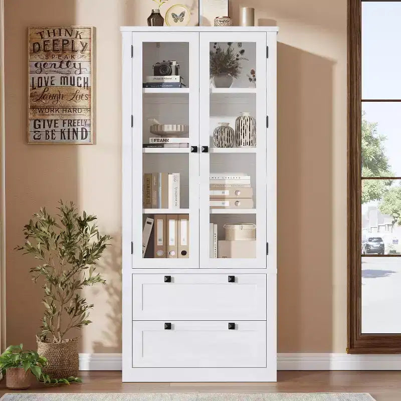 Dispensa da Cucina Coloniale con Ante in Vetro, Armadio Contenitore da 72 pollici con Cassetti e Ripiani Regolabili per Sala da Pranzo Bagno Soggiorno