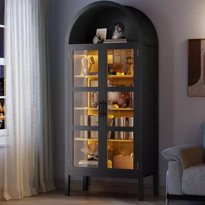 Mobile Contenitore, Nero/Bianco, Stile Arco, Singolo, Alto 71 con Luci a LED e Ante in Vetro