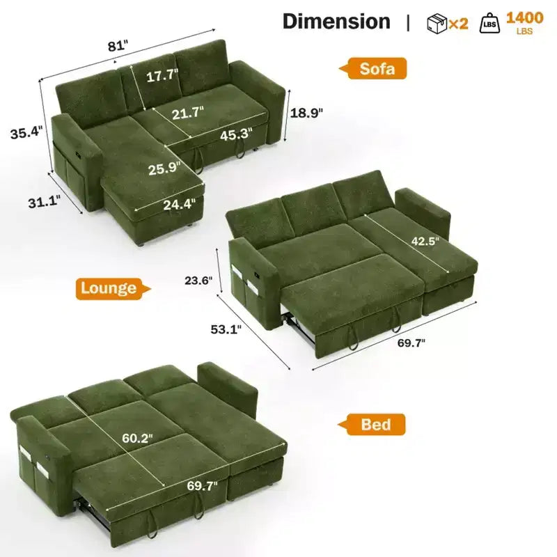 Divano Letto Estraibile 2 in 1 con Chaise Longue Contenitore, Divano Componibile in Ciniglia con Porte USB per Soggiorno