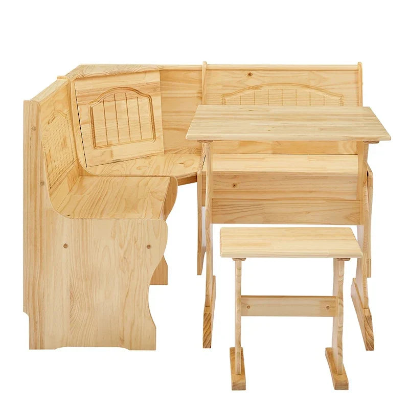 MUSEHOMEINC Set da Pranzo ad Angolo Nook in Stile Tradizionale a 3 Pezzi in Legno Massello con Panca Laterale, Set Tavolo Angolare con Contenitore Nascosto