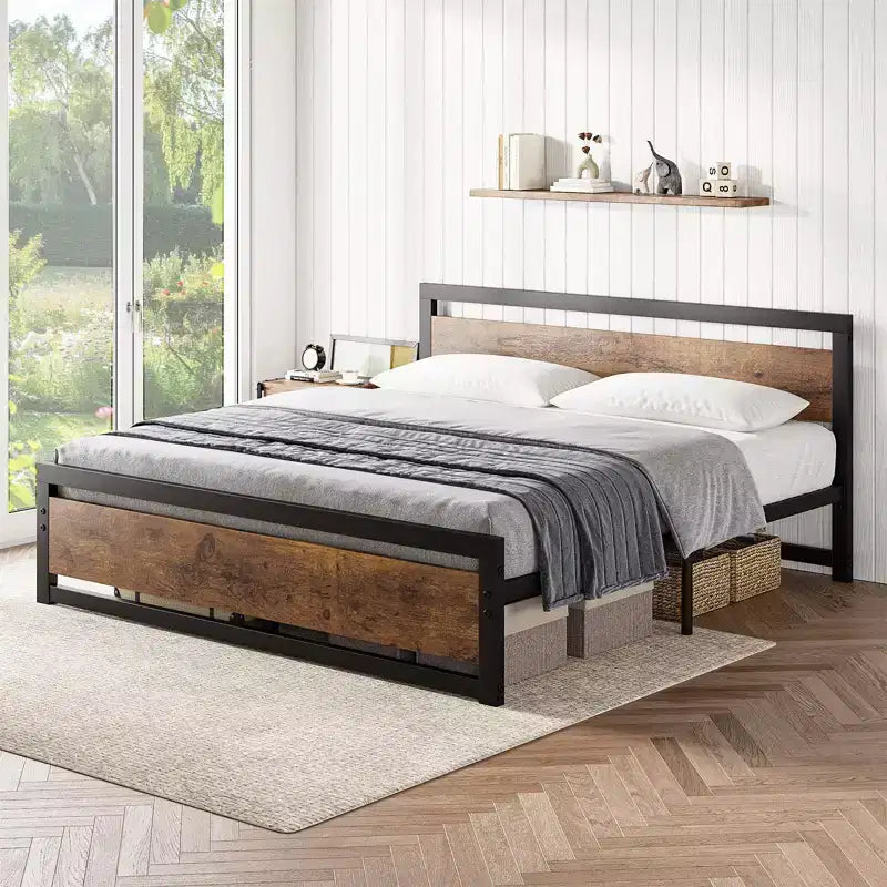 Struttura Letto Matrimoniale Robusta con Testiera e Pediera, Piattaforma in Metallo con Spazio Contenitivo di 35 cm, Senza Rumore e Assemblaggio Senza Attrezzi, Marrone Vintage
