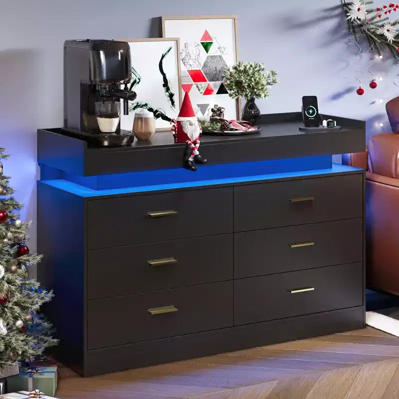 Mobile TV moderno con 6 cassetti e luci LED, bancone galleggiante per caffè/bar, per soggiorno, centro di intrattenimento