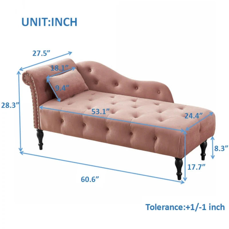 Moderna poltrona a sdraio imbottita in velluto da 60,6" con bottoni capitonné, gambe in legno massello e borchie