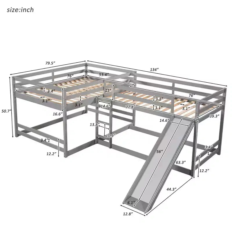 Letto a castello a L per 4 bambini, letto a castello quadruplo con scivolo, struttura in legno full e twin per cameretta dormitorio