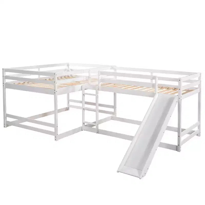 Letto a castello a L per 4 bambini, letto a castello quadruplo con scivolo, struttura in legno full e twin per cameretta dormitorio