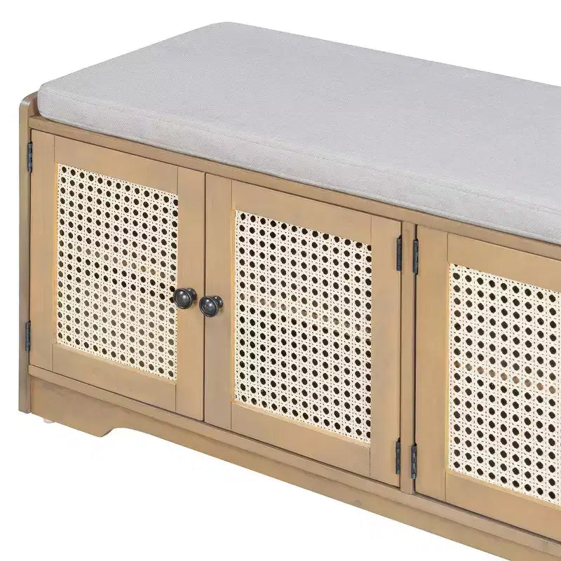 Banc de rangement rustique en bois Whisen, banc à chaussures d'entrée avec coussin amovible, étagères réglables
