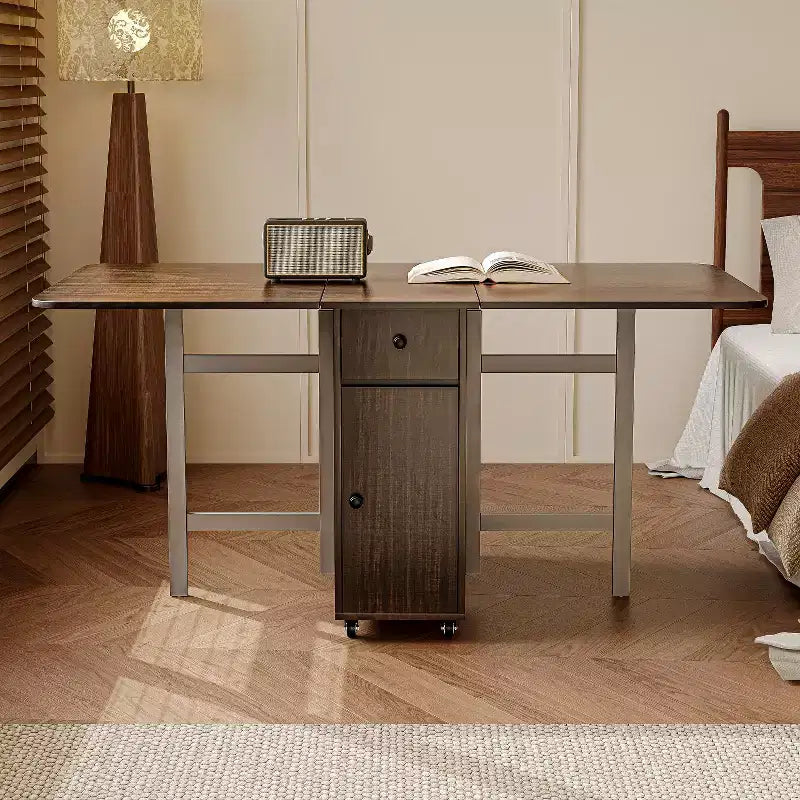 ATJafurn Tavolo da Pranzo Pieghevole da 150 cm con Ante a Scomparsa Salvaspazio, Tavolo da Cucina Rettangolare Allungabile in Legno con Ruote e Contenitore