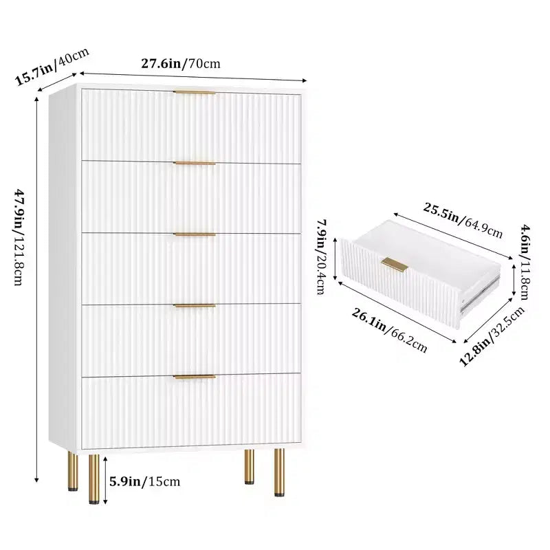 Comò a 5 cassetti bianco / marmo e legno – Pannello scanalato, per uso singolo