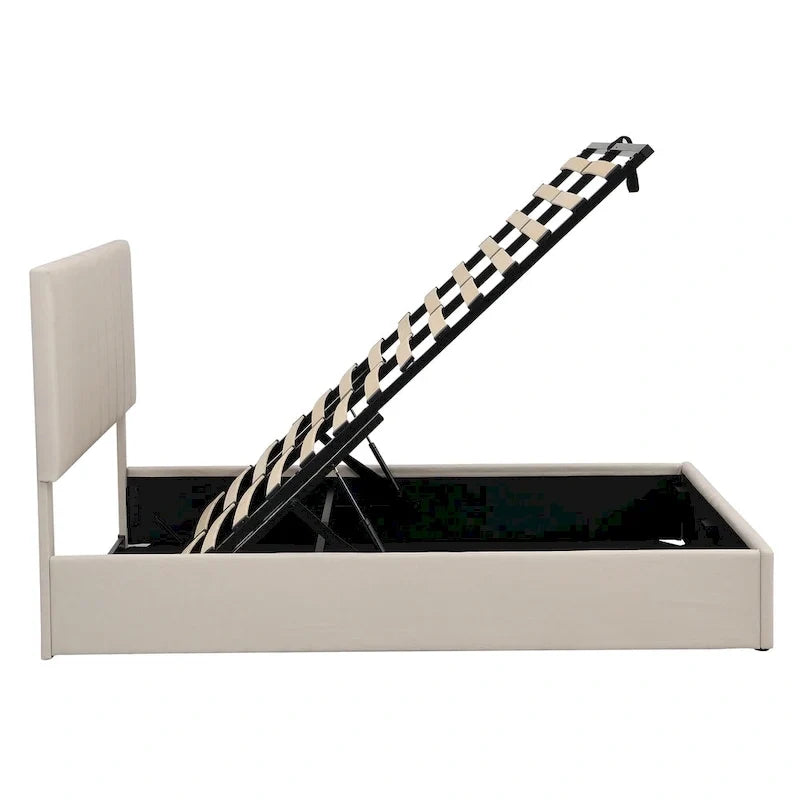 Letto imbottito Queen size con sistema di sollevamento idraulico e vano contenitore - Beige