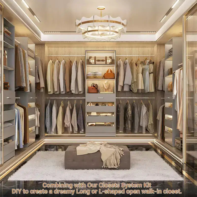 Besiost Sistema Organizer per Armadio in Legno 4-9 piedi con 4 Cassetti, 4 Aste Appendiabiti e Torri Scaffale