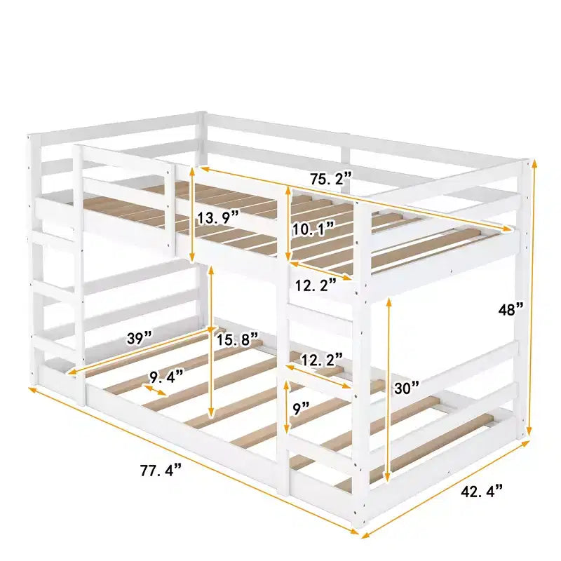 Letto a castello basso, letto a castello in legno con scaletta, letto a castello con sponde di sicurezza complete