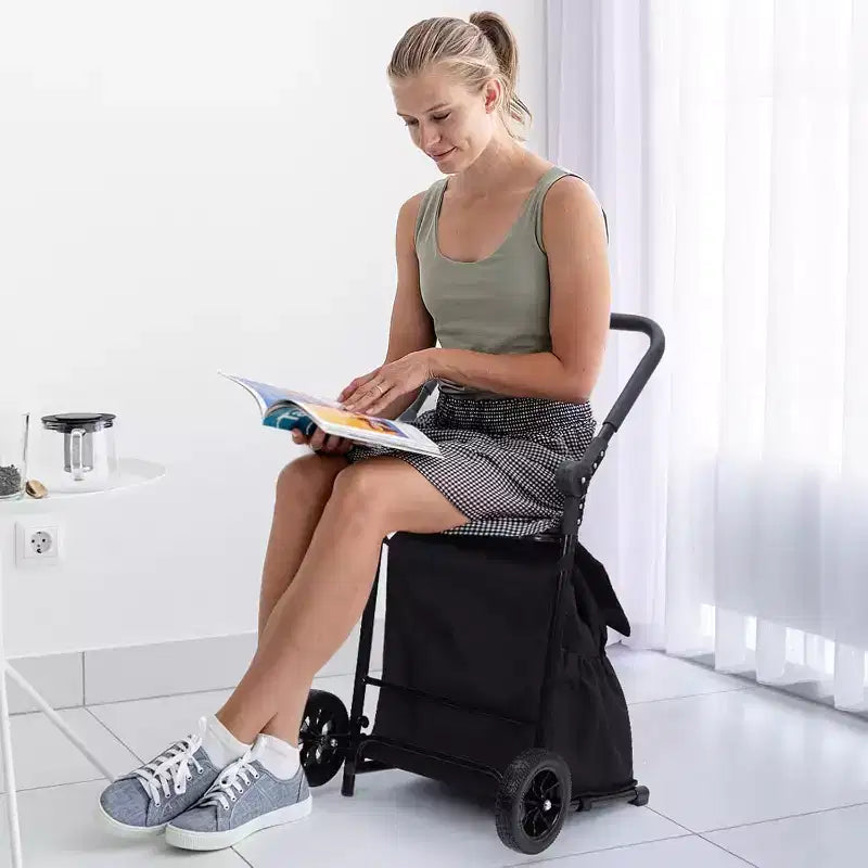 Carrello Portapacchi Pieghevole Acekool 2 in 1 con Borsa Impermeabile Rimovibile, Sedile Imbottito Spesso e Manico Antiscivolo Regolabile, Nero
