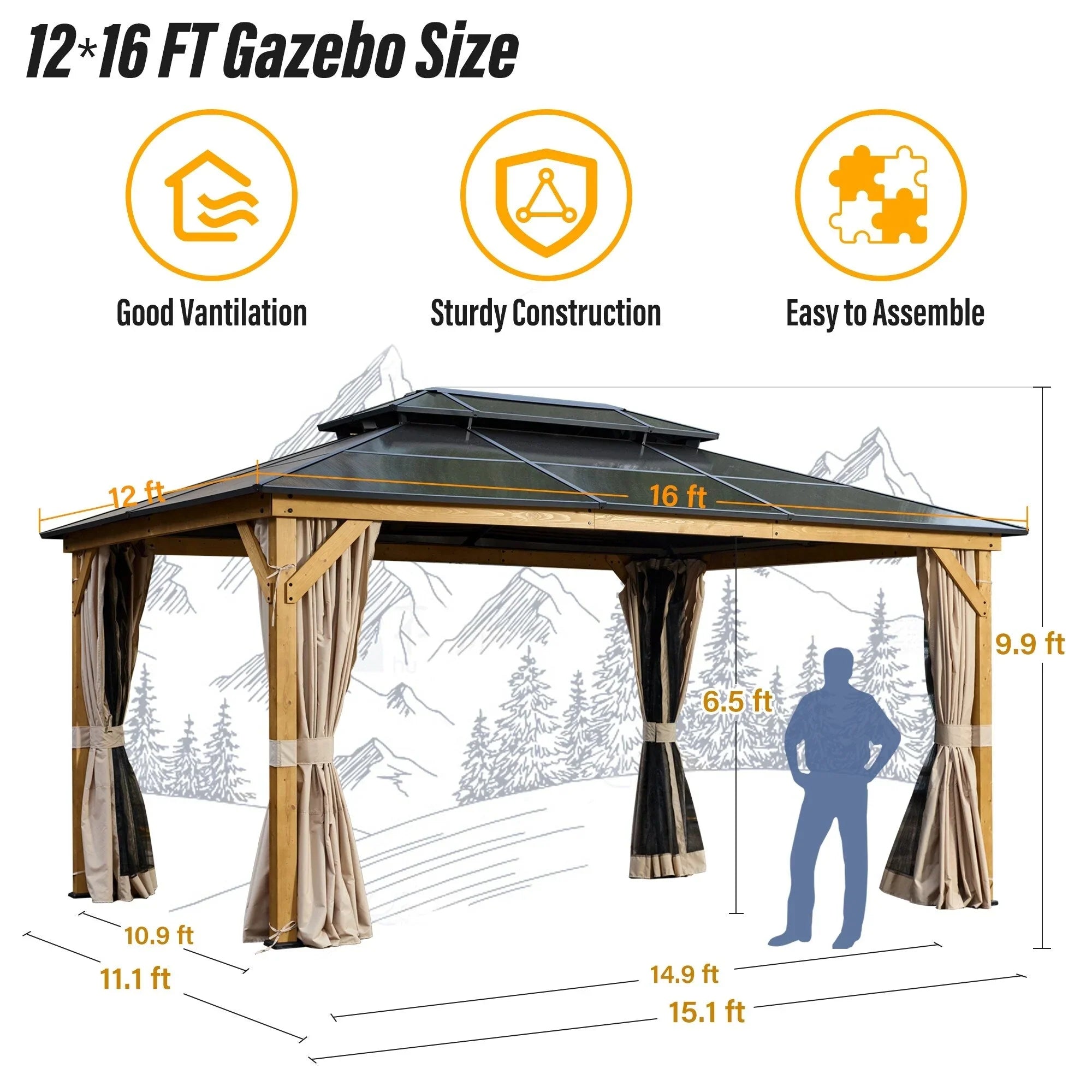 EROMMY Gazebo a tetto rigido, Pergola da esterno con doppio tetto, zanzariere e tende, Tenda da sole resistente per patio, cortile, feste in piscina