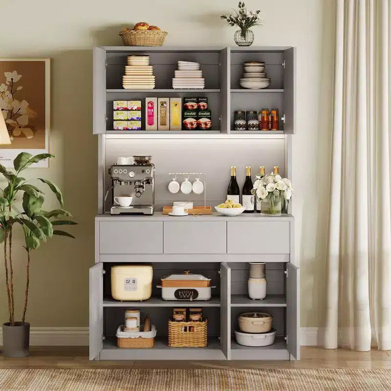 Mobile dispensa da cucina da 71 pollici, mobile dispensa con luci a LED e prese di corrente, mobile buffet con supporto per microonde, ripiani regolabili