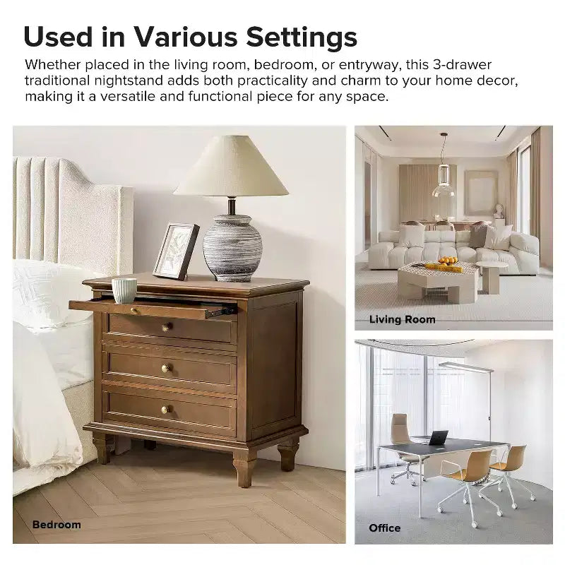 Giorgio 3 - Comodino con 3 cassetti e prese integrate, set da 2|HULALA HOME