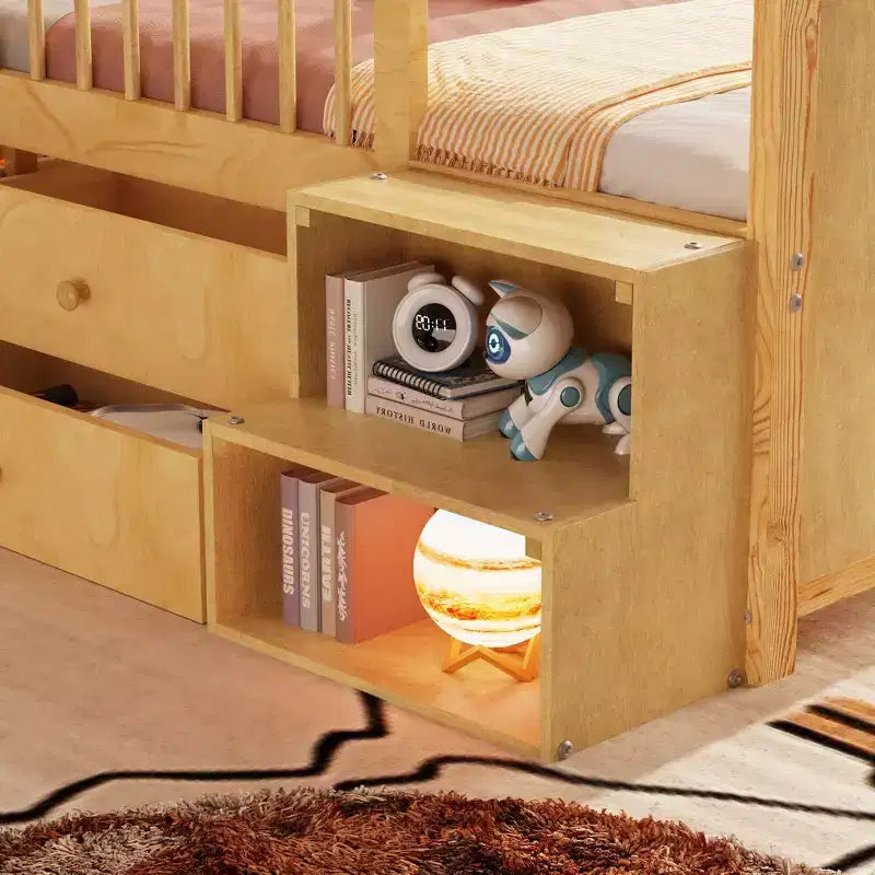 Letto a soppalco basso Whisen con luci a LED, testiera a forma di casetta e cassetti portaoggetti, struttura solida