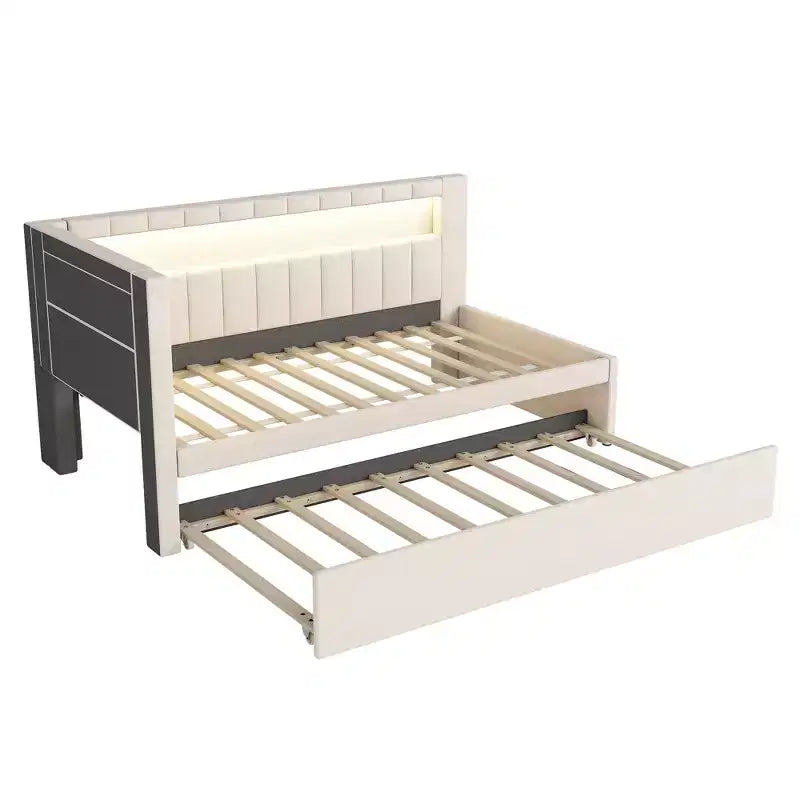 Letto da Giorno Twin/Full con Letto Estraibile e Testiera a Libreria a L, Letto Angolare Imbottito in Lino con Ripiani Portaoggetti e Cinghia a LED