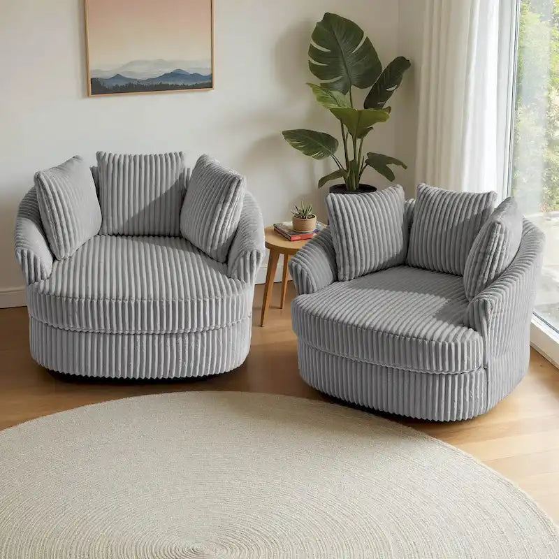 Set di 2 Poltrone Girevoli a Barilotto Oversize da 43" in Velluto a Coste Felpato con Cuscini