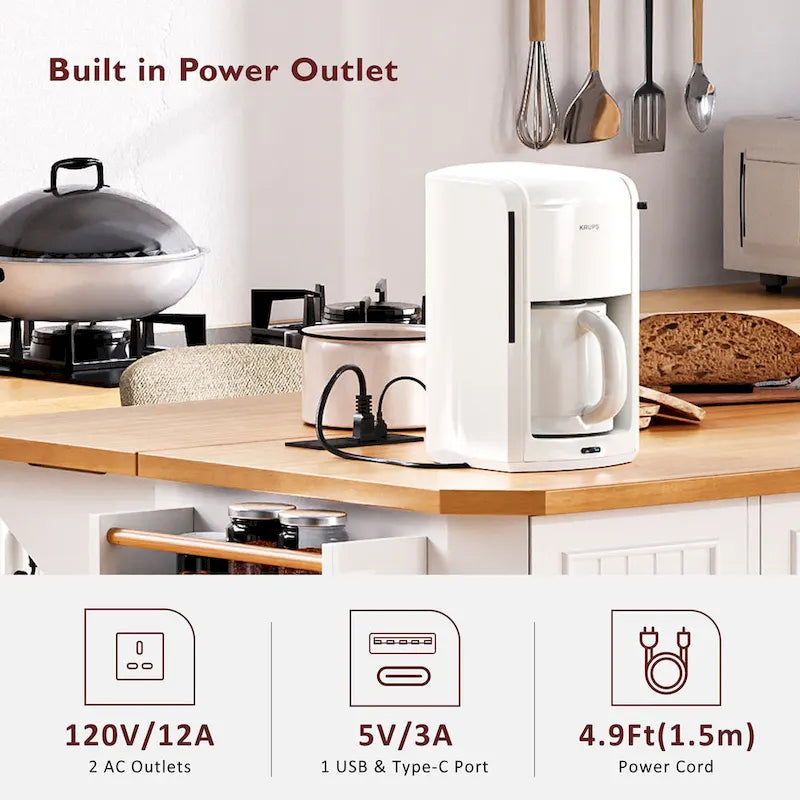 Isola Cucina Espandibile con Ante a Scomparsa, Carrello Cucina su 4 Ruote con Presa Elettrica, Tavolo Isola Mobile con 2 Ante e 6 Cassetti