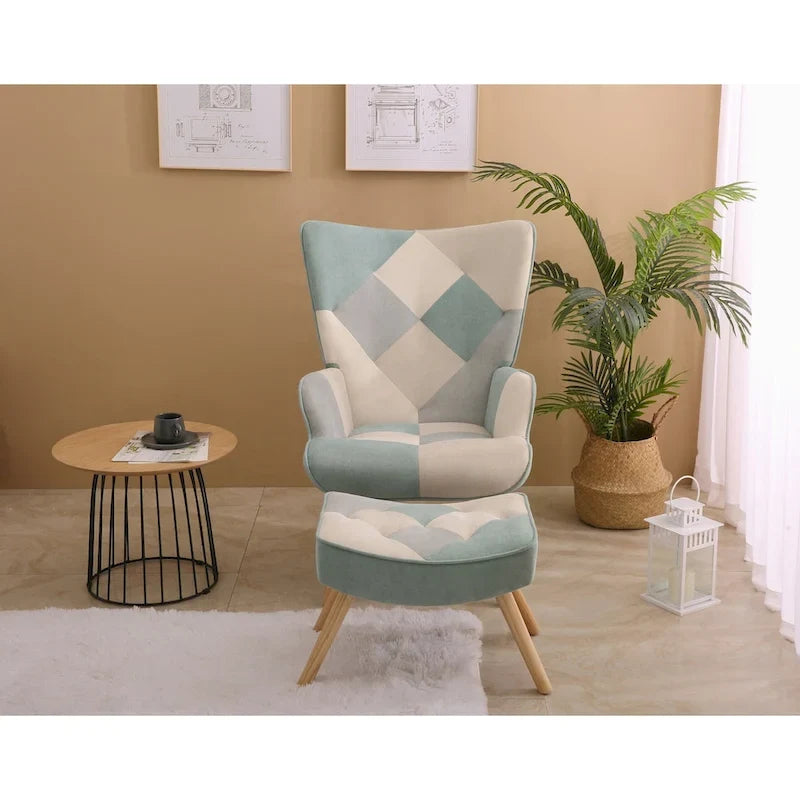 Poltrona con Pouf, Set Sedia e Ottomana per Soggiorno, Comoda Poltroncina Laterale per Camera da Letto, Superficie in Tessuto con Giunture Creative