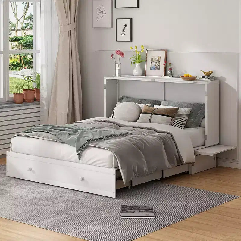 Mjkone Letto a Scomparsa Matrimoniale, Letto a Cassetti a Cubo con Stazione di Ricarica e Spazio Contenitore