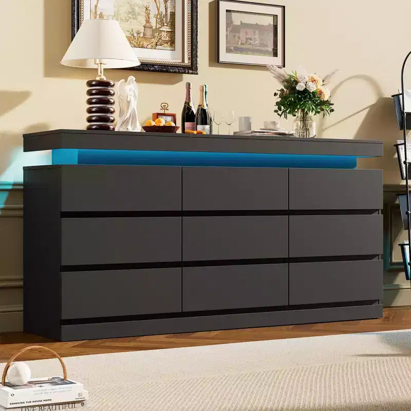 Commode 9 tiroirs pour chambre à coucher, Meuble de rangement avec station de recharge et lumières LED, Double armoire de rangement en bois, Meuble TV commode moderne