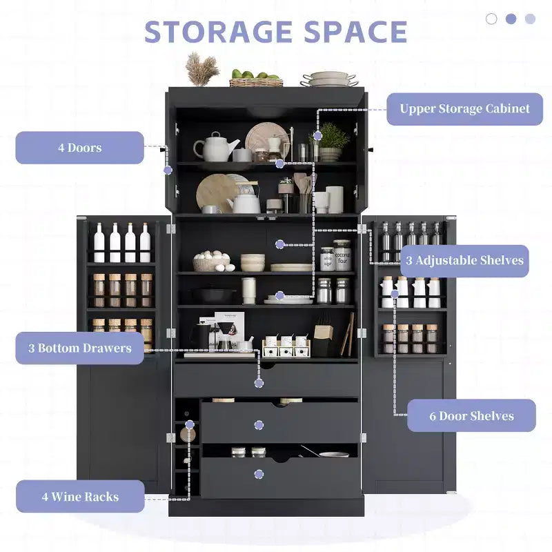 Dispensa da cucina indipendente 77H, armadio contenitore in stile rustico con ripiani regolabili, ripiani sulla porta, cassetti e portabottiglie - ModernLuxe