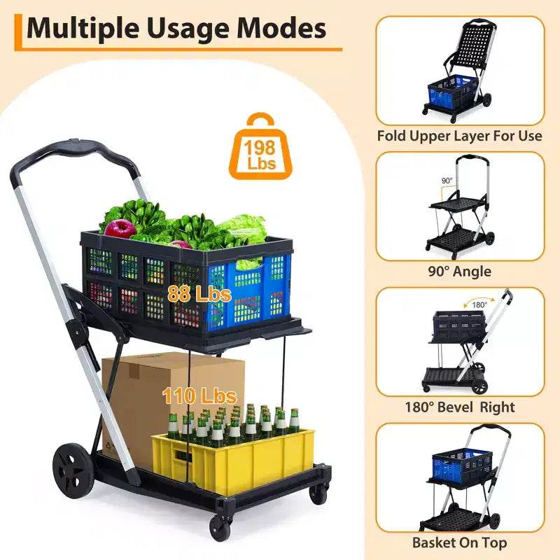 Carrelli della spesa pieghevoli a 2 livelli per la spesa, capacità 90 kg, carrello per la spesa portatile pieghevole con ruote e cassa rimovibile per centro commerciale, blu