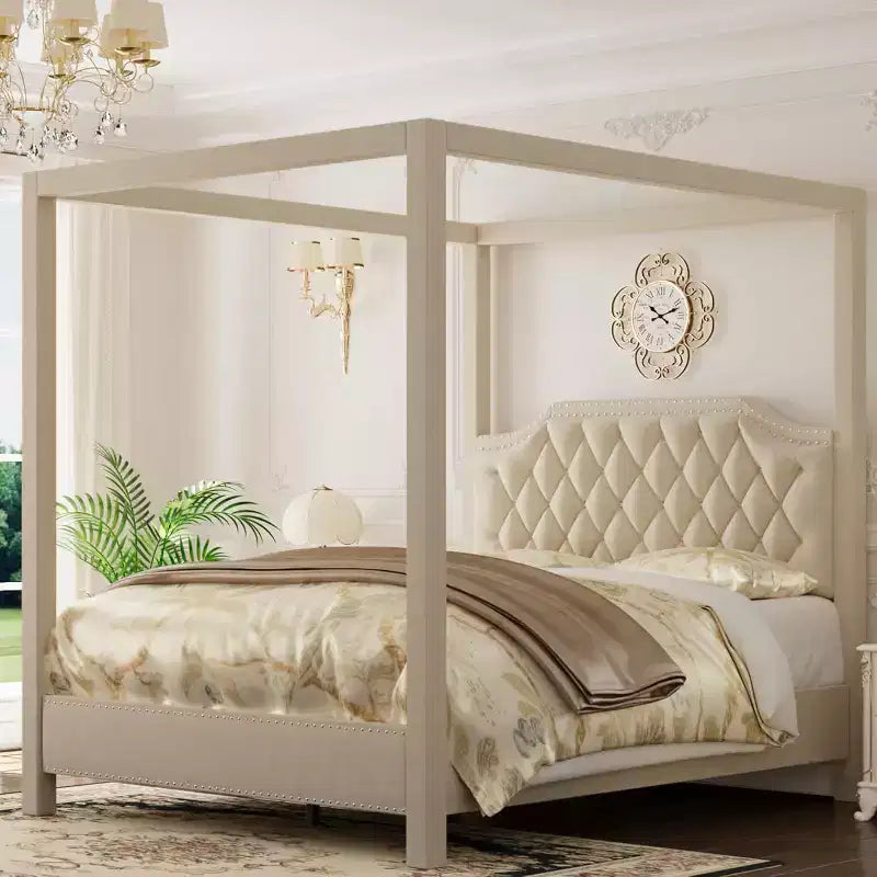 Cadre de lit à baldaquin Queen Size avec 4 poteaux, supports d'angle, sommier à lattes en bois massif, pas besoin de sommier tapissier, sans bruit