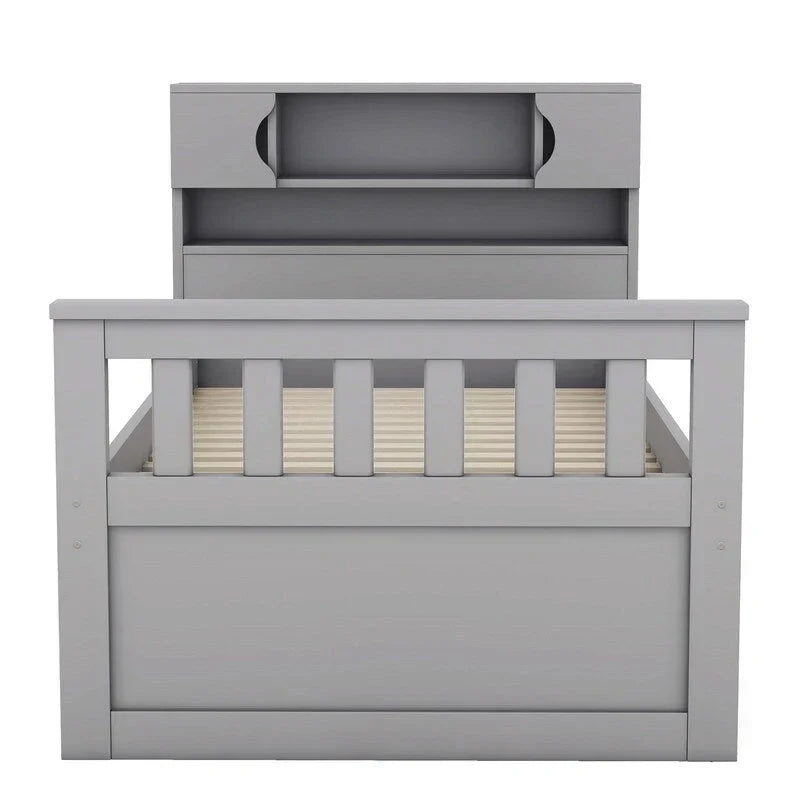 Letto a piattaforma Twin/Full Size Captain con 4 cassetti e mensole portaoggetti, struttura letto in legno massello con testiera libreria contenitore