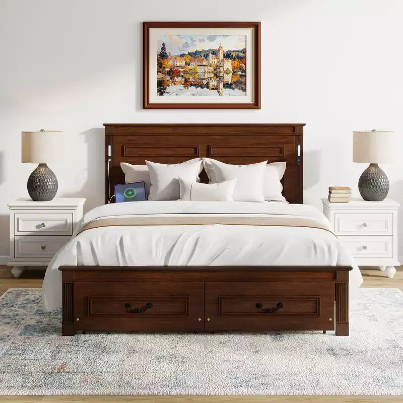 ModernLuxe Letto a Piattaforma Queen/King Size con Testiera Alta, Struttura Letto Rustica in Legno con 2 Cassetti, Luci LED e Porte USB