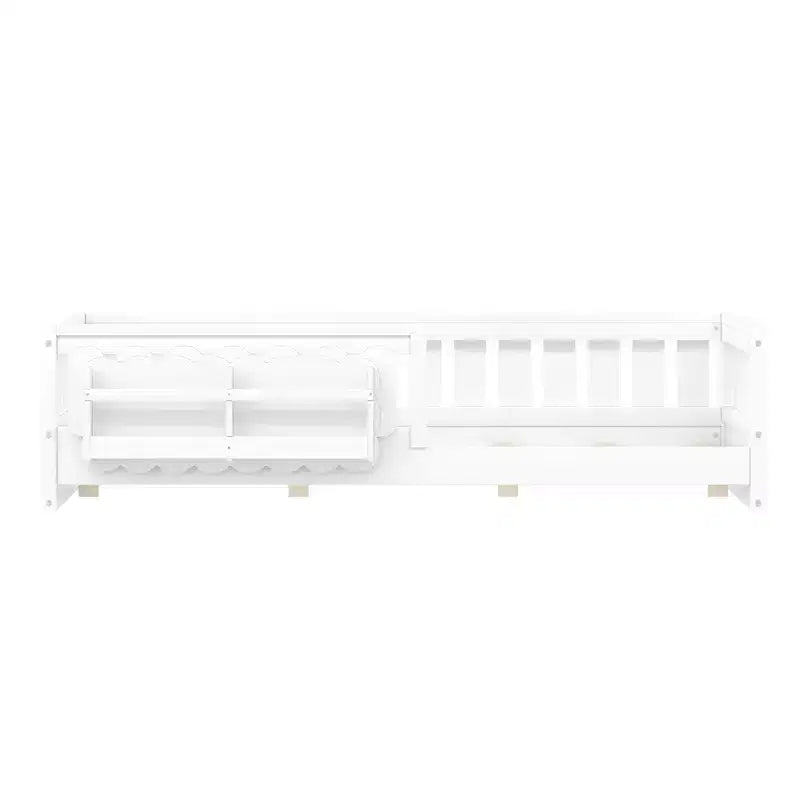 Struttura letto a piattaforma per bambini di dimensioni Twin e Full con sponda di protezione, librerie integrate e ripiani portaoggetti