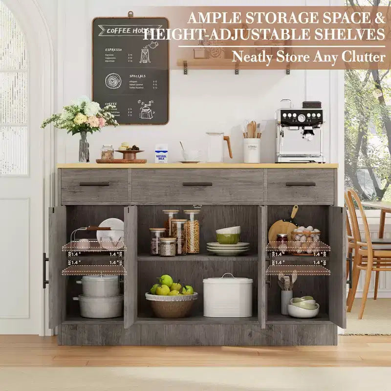 Mobile Buffet Celebalcony con Contenitore, Grande Mobile Contenitore da Cucina da 53,4 pollici con 3 Cassetti e 4 Ante, Ripiano Regolabile per Cucina, Soggiorno