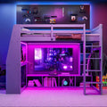 Letto a soppalco da gaming Whisen Wood, formato singolo, con scrivania, mensole multi-storage, LED e un appendiabiti