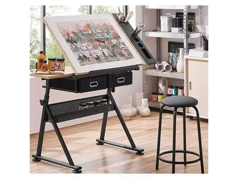 Tavolo da disegno regolabile in altezza, Tavolo da disegno inclinabile da 0 a 75 gradi per adulti, Scrivania da artista con 2 cassetti portaoggetti, con sgabello