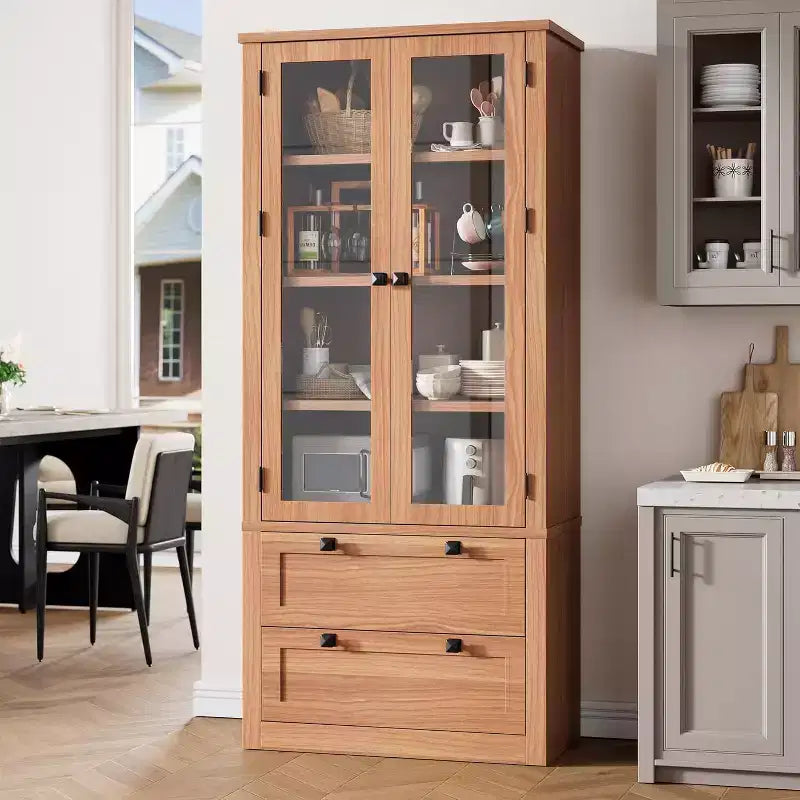 Vaisselier de cuisine de ferme avec portes vitrées, Armoire de rangement de 183 cm avec tiroirs et étagères réglables pour salle à manger, salle de bain, salon