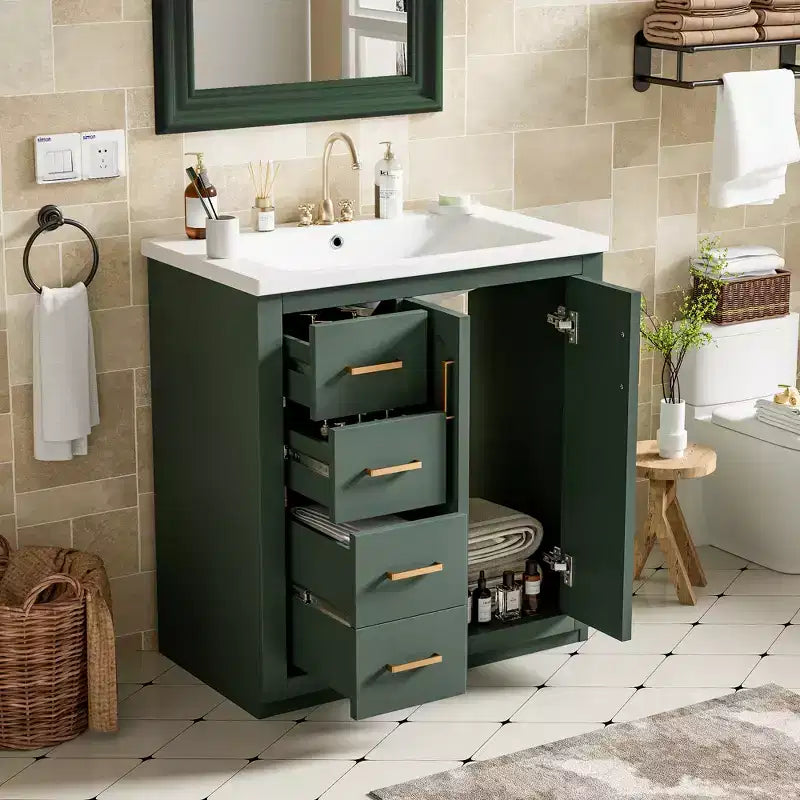 Mobile bagno 30 pollici con lavabo singolo, armadietto e 3 cassetti – Nero / Blu / Verde / Indaco / Bianco