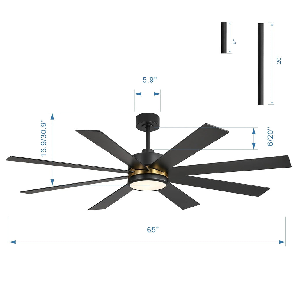 Ventilatore da soffitto nero da 65 pollici a 8 pale con luce LED e telecomando