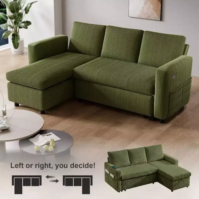 Divano Letto Estraibile 2 in 1 Dyonery con Chaise Longue Contenitore e USB, Divano Angolare in Velluto a Coste per Soggiorno