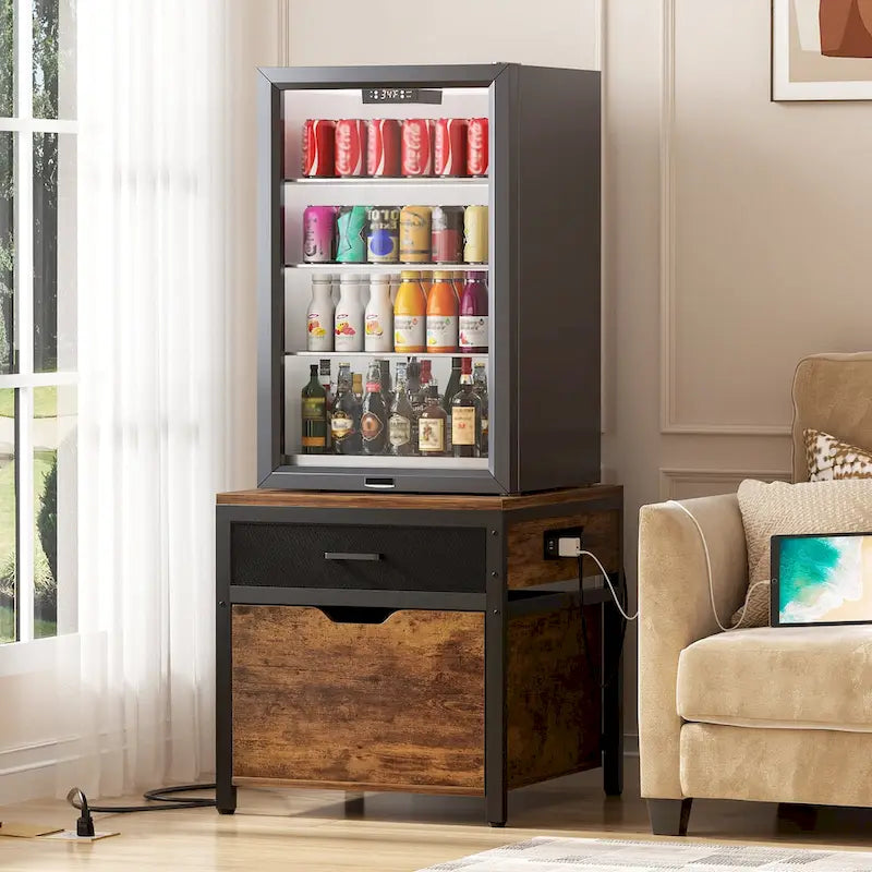 Mini Frigo con Stazione di Ricarica, Tavolino Laterale con Cassetti e Mobiletto su Ruote