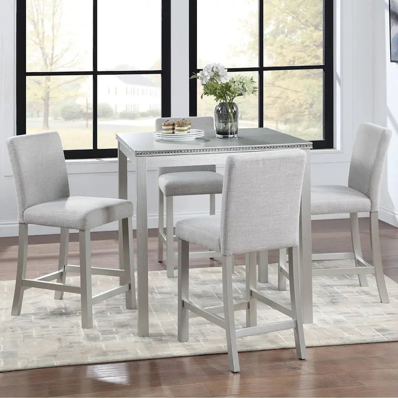 Set da pranzo moderno di 5 pezzi con tavolo quadrato ad altezza bancone e 4 sedie imbottite