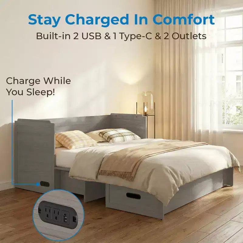 Mjkone Letto a Scomparsa Convertibile Matrimoniale Queen Size con Ricarica USB, Cassetti Contenitori, Materasso Escluso